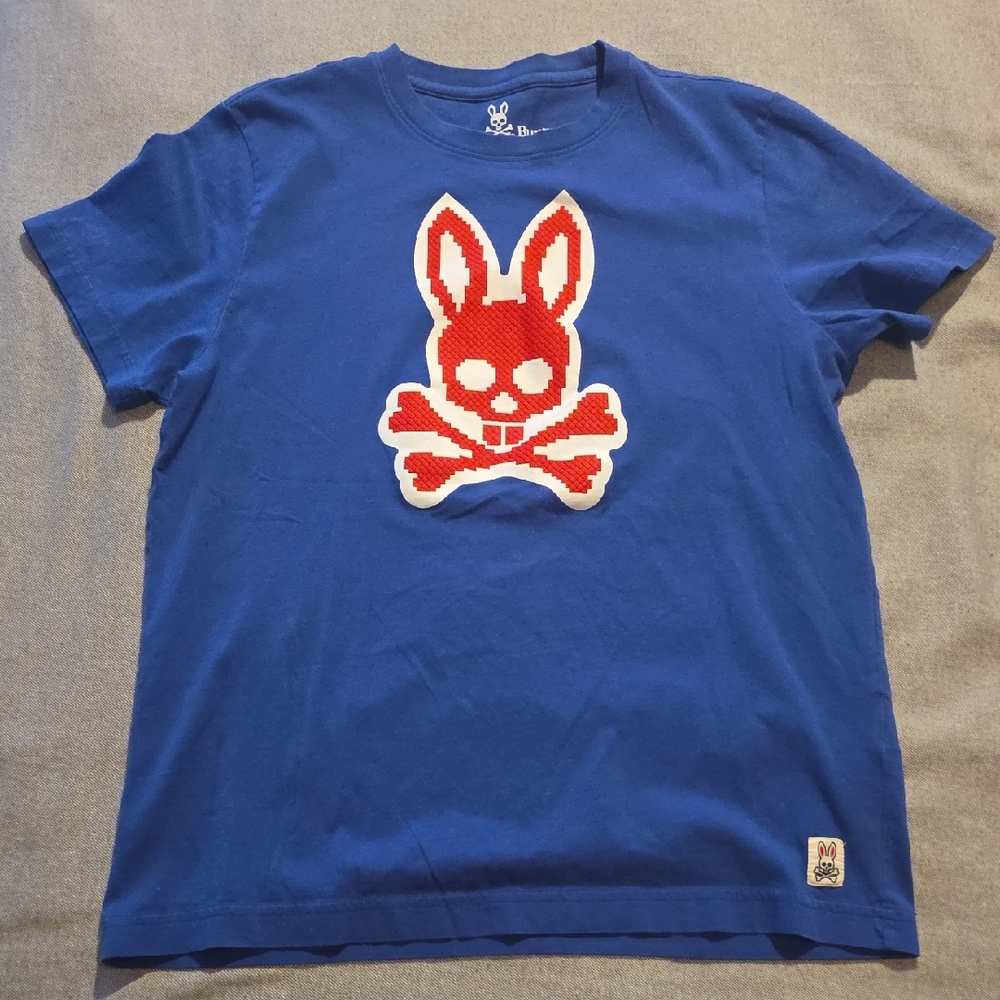 Psycho Bunny Blue Tee with Red Bunny Graphic
